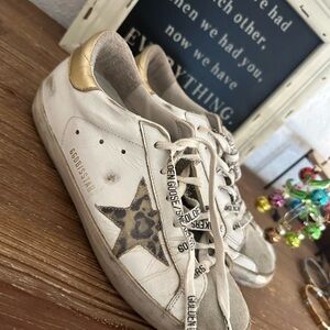 Golden Goose White Sneakers with Gold and Leopard Accents